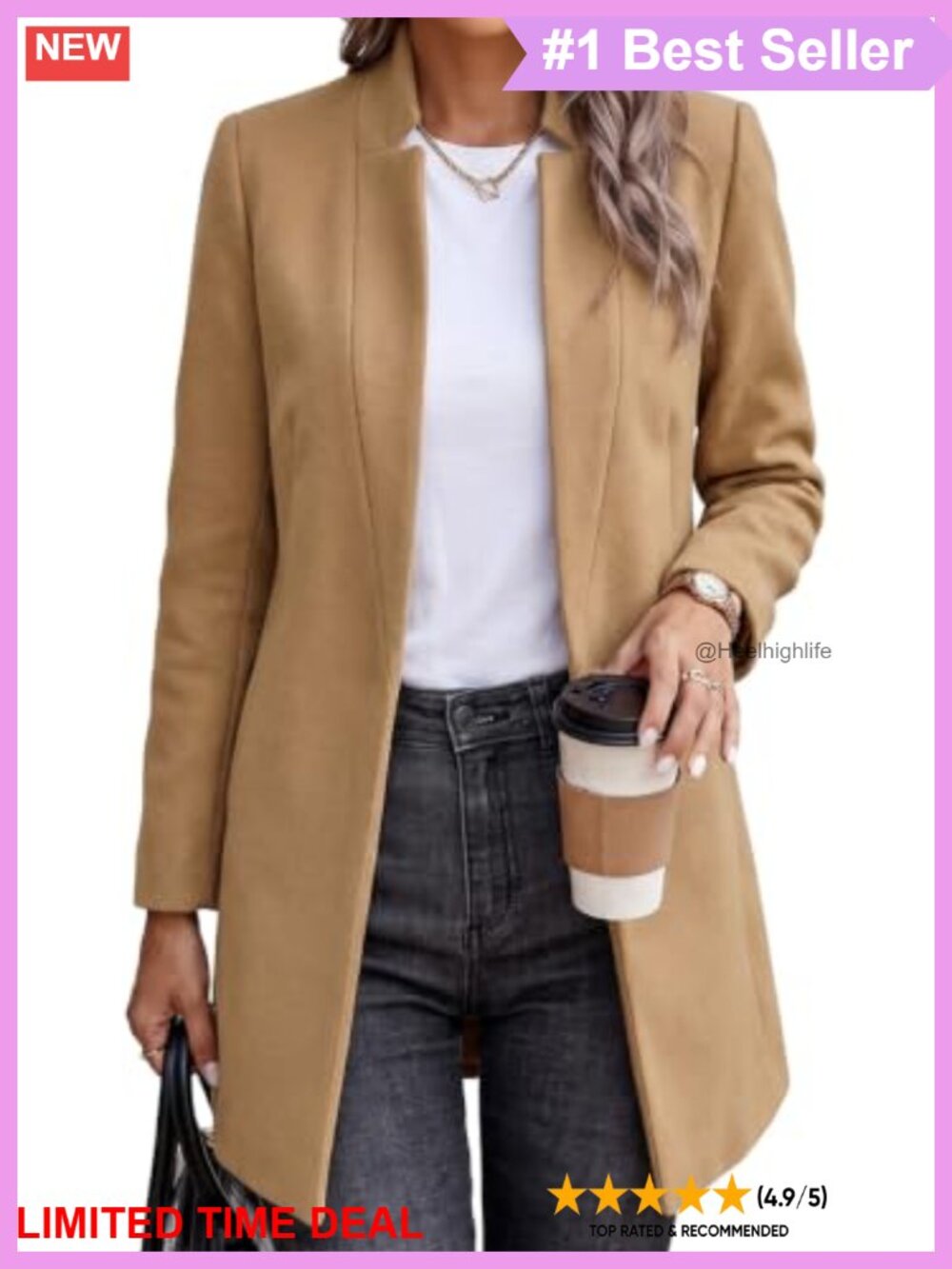 Wool Blend Pea Coat Long Sleeve Open Front Overcoat with Pockets
